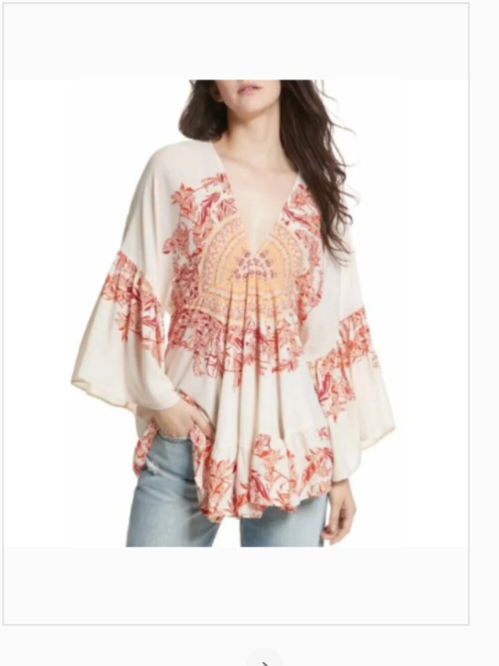 Free People Sunset Dreams Mandala Ruffle Tunic Top Sand Cream Red Orange Size L